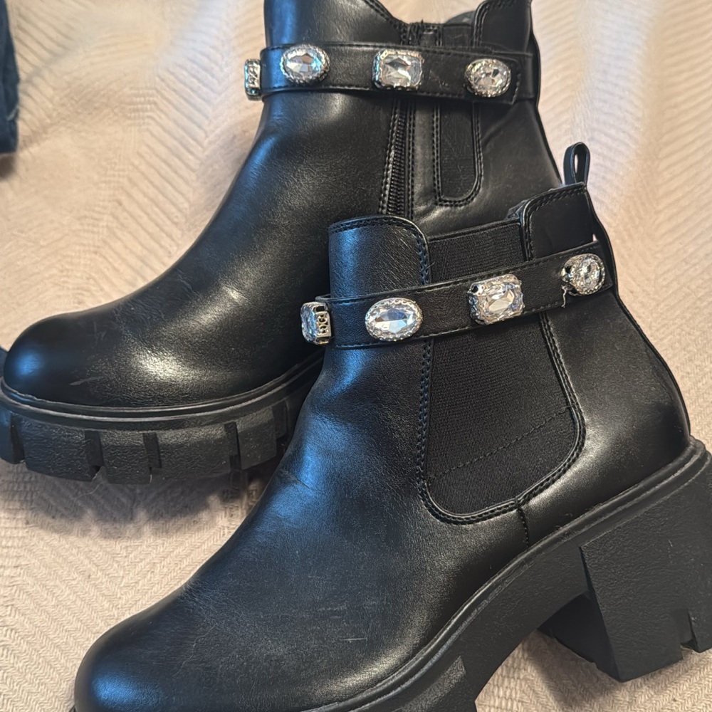 Black Ankle Boots with Crystal Embellishments